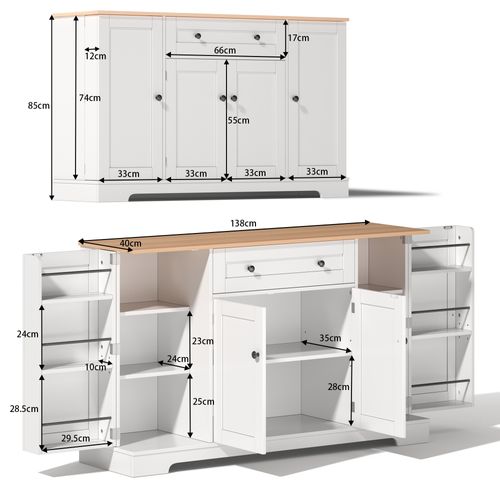 Buffet De 138 Cm, Moderne, Blanc, 1 Tiroir, 4 Portes