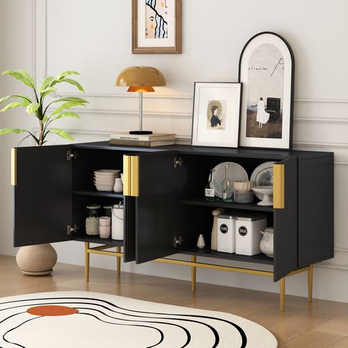 Buffet Moderne, 4 Portes, Poignée En Métal Doré, Noir