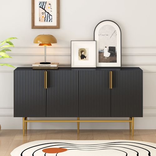 Buffet Moderne, 4 Portes, Poignée En Métal Doré, Noir