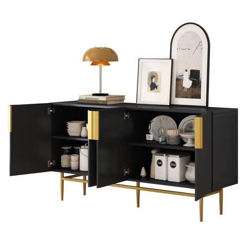 Buffet Moderne, 4 Portes, Poignée En Métal Doré, Noir