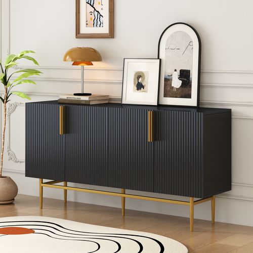 Buffet Moderne, 4 Portes, Poignée En Métal Doré, Noir