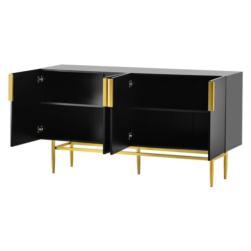 Buffet Moderne, 4 Portes, Poignée En Métal Doré, Noir