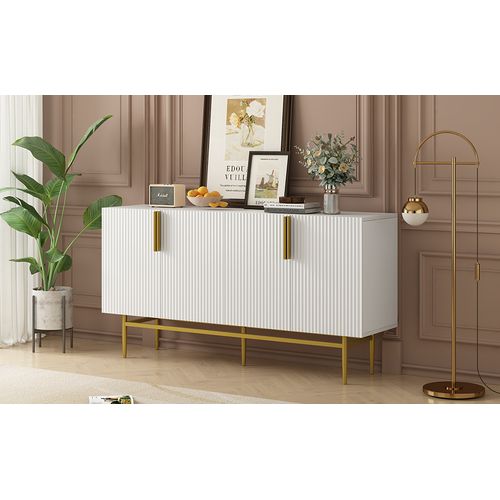 Buffet Moderne, 4 Portes, Poignée En Métal Doré, Blanc