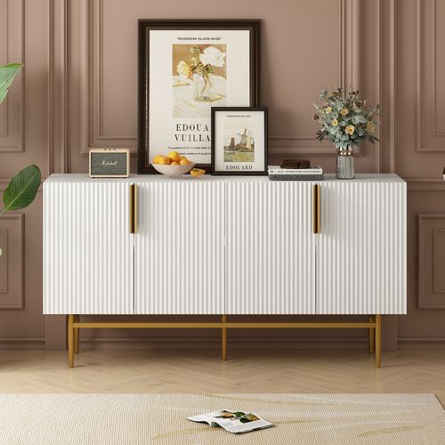 Buffet Moderne, 4 Portes, Poignée En Métal Doré, Blanc