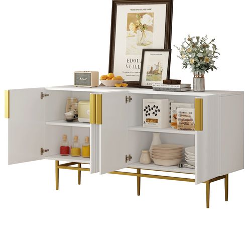 Buffet Moderne, 4 Portes, Poignée En Métal Doré, Blanc