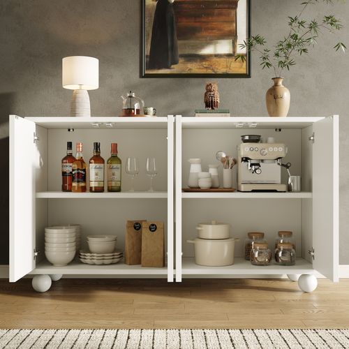 Buffet blanc, Armoire (120 × 35 × 71 Cm), 4 Portes, rangement salon et entrée