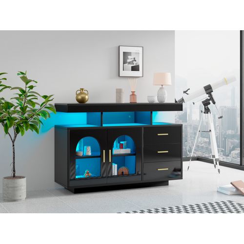 Buffet LED, 120x40x80 Cm, Noir, 2 Portes, 3 Tiroirs
