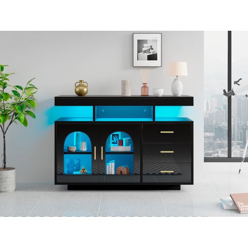Buffet LED, 120x40x80 Cm, Noir, 2 Portes, 3 Tiroirs