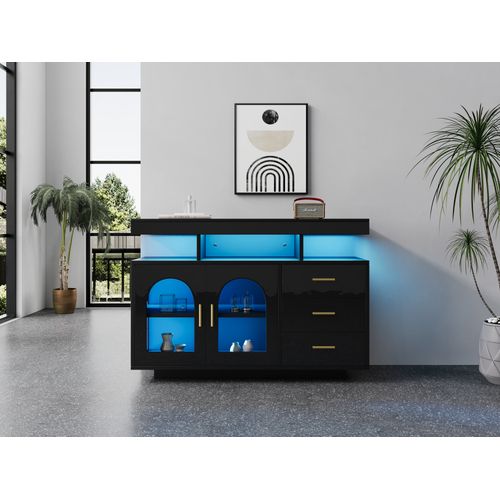 Buffet LED, 120x40x80 Cm, Noir, 2 Portes, 3 Tiroirs