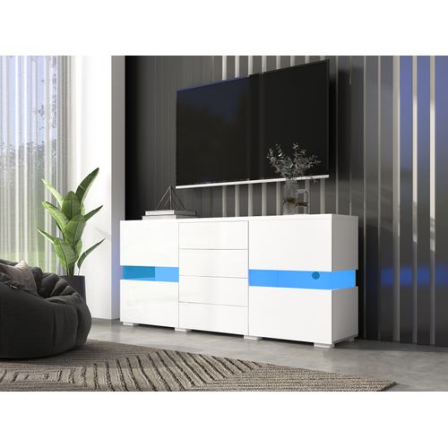 Buffet Blanc, LED, 145x35x72cm, 4 Tiroirs, 2 Portes