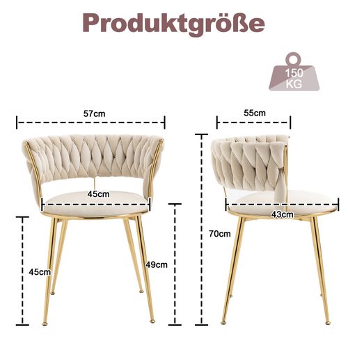 Lot de 2 Chaises pour cuisine et salon 57*55*70cm,  Un Design Ajouré, En Velours, Ivoire