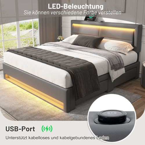 Lit Adulte 160x200 cm avec 4 Tiroirs De Rangement, Éclairage LED, Ports USB, Pu, Gris