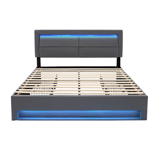 Lit Adulte 160x200 cm avec 4 Tiroirs De Rangement, Éclairage LED, Ports USB, Pu, Gris