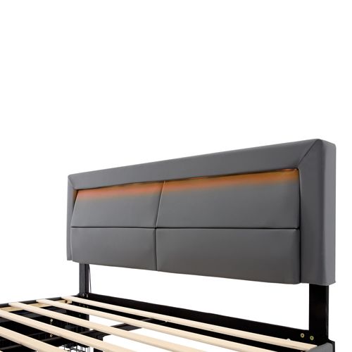 Lit Adulte 140x190 cm avec 4 Tiroirs De Rangement, Éclairage LED, Ports USB, Pu, Gris