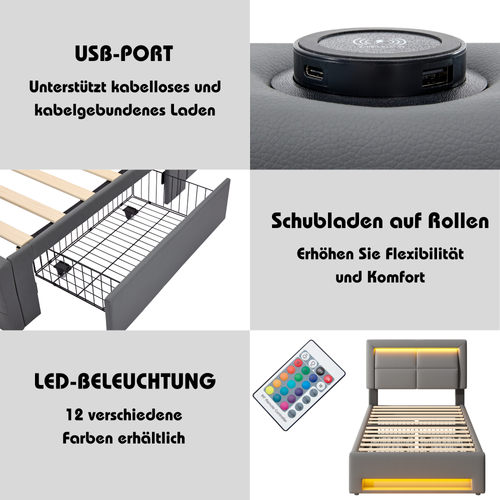 Lit Enfant 90×190cm avec 4 Tiroirs De Rangement, Éclairage LED, Ports USB, Pu, Gris
