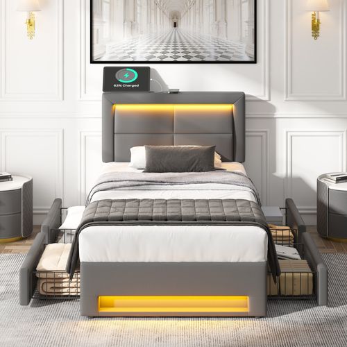 Lit Enfant 90×190cm avec 4 Tiroirs De Rangement, Éclairage LED, Ports USB, Pu, Gris