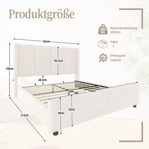 Lit Adulte 140x200cm, Lit 2 Places Avec Sommier à Lattes, Tête Et Pied De Lit Hauts, Port USB, Beige