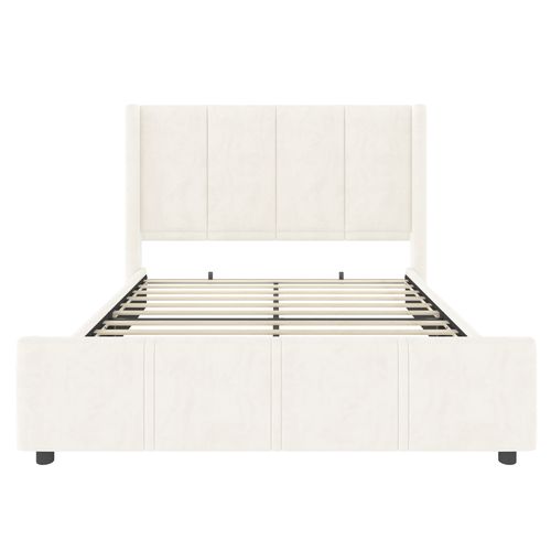 Lit Adulte 140x200cm, Lit 2 Places Avec Sommier à Lattes, Tête Et Pied De Lit Hauts, Port USB, Beige