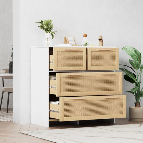 Commode à 4 Tiroirs 80x80x38 Cm, Commode En Rotin Avec Poignées, Couleurs Naturel Et Blanc