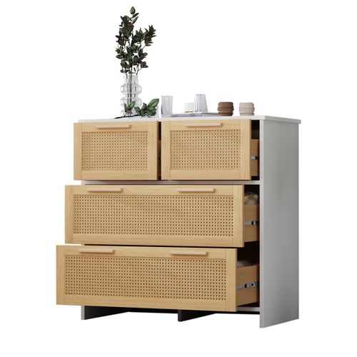 Commode à 4 Tiroirs 80x80x38 Cm, Commode En Rotin Avec Poignées, Couleurs Naturel Et Blanc