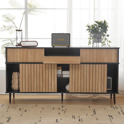 Buffet à 4 Portes Coulissantes Et 1 Tiroir, 160 X 40 X 80 Cm, Coloris Chêne Et Noir