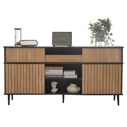 Buffet à 4 Portes Coulissantes Et 1 Tiroir, 160 X 40 X 80 Cm, Coloris Chêne Et Noir