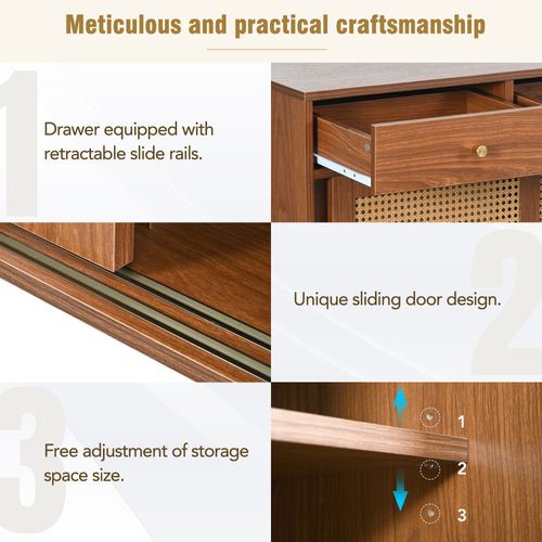 Buffet 120 X 40 X 78 Cm à 3 Tiroirs Et 3 Portes Coulissantes, Tressage En Rotin, Couleur Noyer