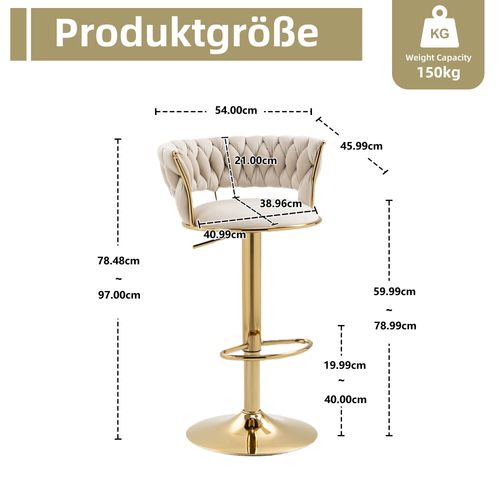 Tabouret De Bar Pivotant à 360° En Velours, Lot De 2, Hauteur Réglable, Base En Métal Doré, Ivoire