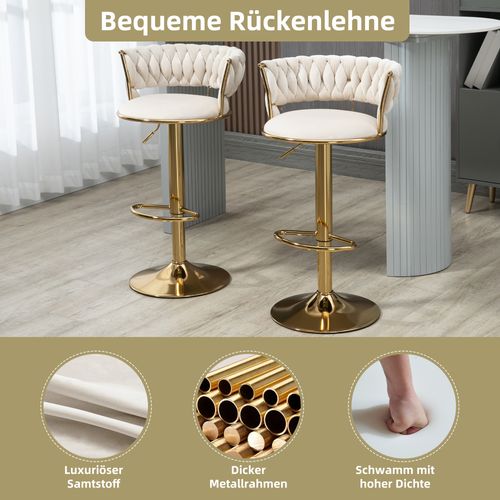 Tabouret De Bar Pivotant à 360° En Velours, Lot De 2, Hauteur Réglable, Base En Métal Doré, Ivoire