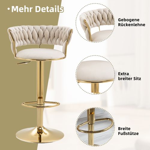 Tabouret De Bar Pivotant à 360° En Velours, Lot De 2, Hauteur Réglable, Base En Métal Doré, Ivoire