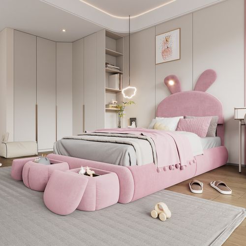 Lit Enfant 90x200, Avec LED, Tête De Lit En Forme D'oreilles De Lapin, 2 Coffres, Velours, Rose
