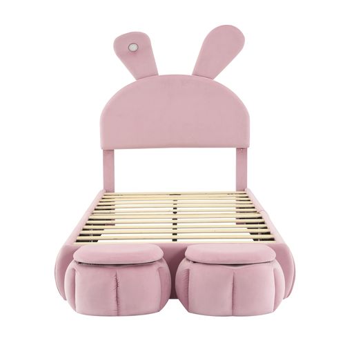 Lit Enfant 90x200, Avec LED, Tête De Lit En Forme D'oreilles De Lapin, 2 Coffres, Velours, Rose