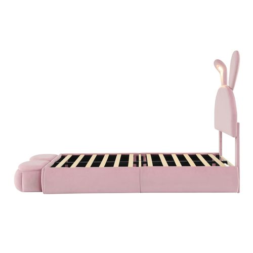 Lit Enfant 90x200, Avec LED, Tête De Lit En Forme D'oreilles De Lapin, 2 Coffres, Velours, Rose