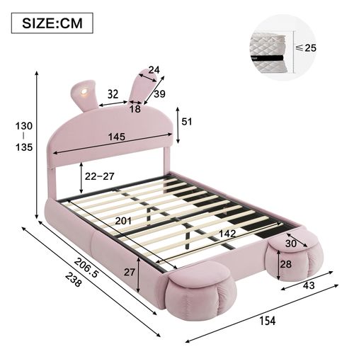 Lit Enfant 140x200, Avec LED, Tête De Lit En Forme D'oreilles De Lapin, 2 Coffres, Velours, Rose