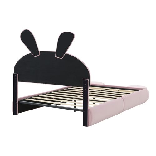 Lit Enfant 140x200, Avec LED, Tête De Lit En Forme D'oreilles De Lapin, 2 Coffres, Velours, Rose