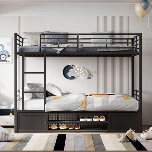 Lit Superposé Enfant 90x200cm, Meuble à Chaussures Ouvert, 2 Compatriments, Échelle, Métal Noir