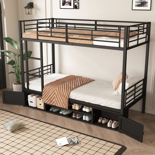 Lit Superposé Enfant 90x200cm, Meuble à Chaussures Ouvert, 2 Compatriments, Échelle, Métal Noir