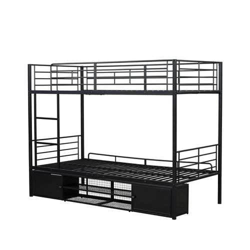 Lit Superposé Enfant 90x200cm, Meuble à Chaussures Ouvert, 2 Compatriments, Échelle, Métal Noir