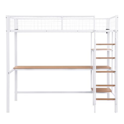 Lit Mezzanine Enfant 90x200cm, Bureau Et Étagères, Échelle à 5 Marches, Fer + Mdf, Blanc + Naturel
