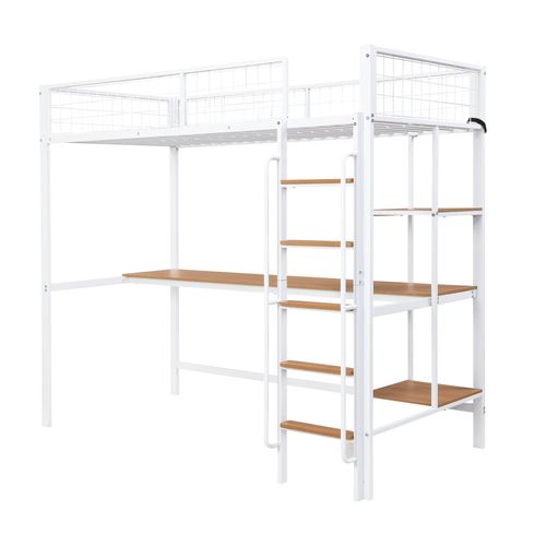 Lit Mezzanine Enfant 90x200cm, Bureau Et Étagères, Échelle à 5 Marches, Fer + Mdf, Blanc + Naturel