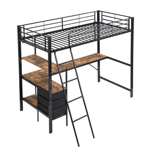 Lit Mezzanine Enfant 90x200cm, 3 Tiroirs, Bureau, Échelle, En Métal, Noir + Noyer Foncé