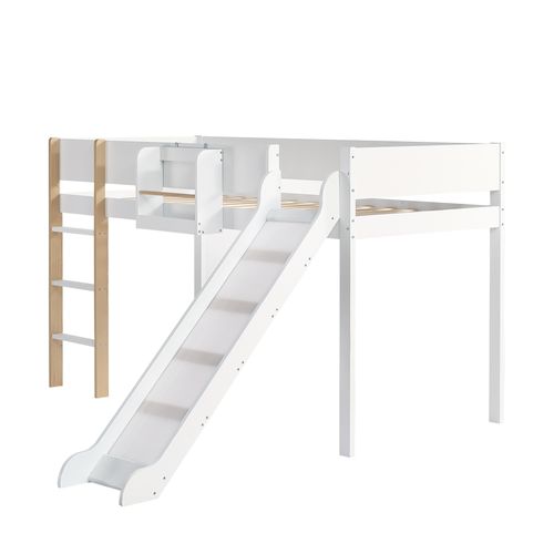 Lit Mezzanine Enfant 90x200 Cm, Échelle à 3 Marches, Toboggan, Étagère Amovible, Blanc Et Naturel