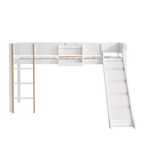 Lit Mezzanine Enfant 90x200 Cm, Échelle à 3 Marches, Toboggan, Étagère Amovible, Blanc Et Naturel