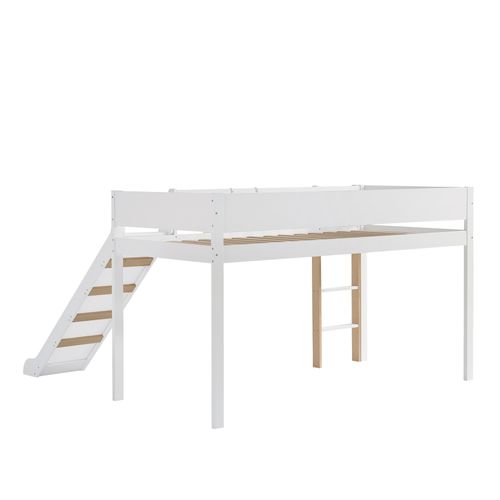 Lit Mezzanine Enfant 90x200 Cm, Échelle à 3 Marches, Toboggan, Étagère Amovible, Blanc Et Naturel