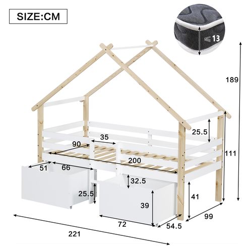 Lit Cabane 90x200 Cm, Lit Enfant Avec Clôture, Toit Et 2 Casiers à Roulettes, Blanc Et Naturel