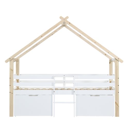 Lit Cabane 90x200 Cm, Lit Enfant Avec Clôture, Toit Et 2 Casiers à Roulettes, Blanc Et Naturel