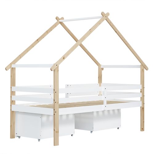 Lit Cabane 90x200 Cm, Lit Enfant Avec Clôture, Toit Et 2 Casiers à Roulettes, Blanc Et Naturel