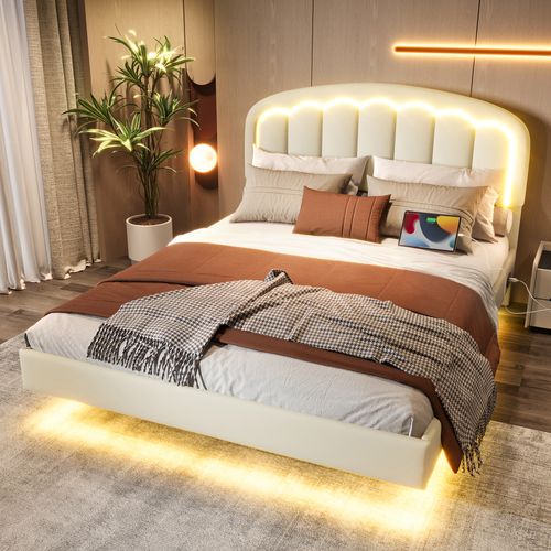Lit Adulte 140x200cm Blanc Avec Tête Fleur, Design Flottant, LED Et Rangement, Pu
