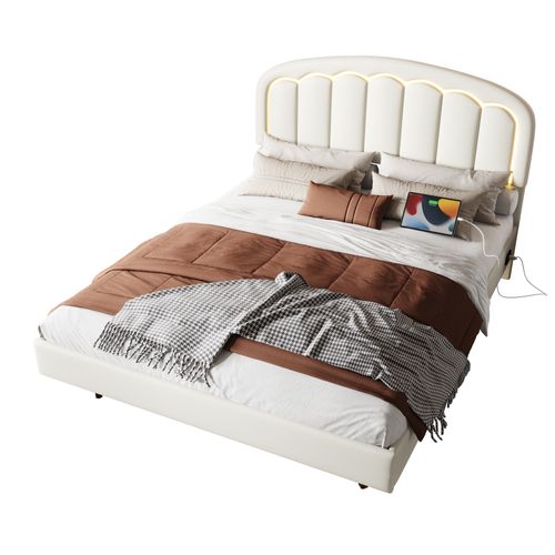 Lit Adulte 140x200cm Blanc Avec Tête Fleur, Design Flottant, LED Et Rangement, Pu