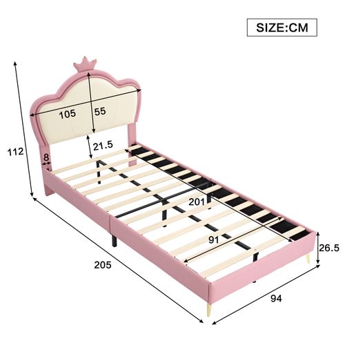 Lit Enfant Rembourré 90x200 Cm, Moulure De Couronne, Pieds En Métal Doré, Pu, Rose + Blanc